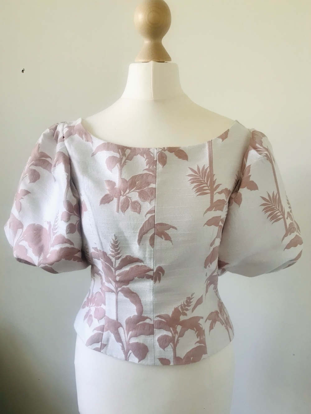 Ted Baker White Top with Blush Floral Jacquard Puff Sleeves